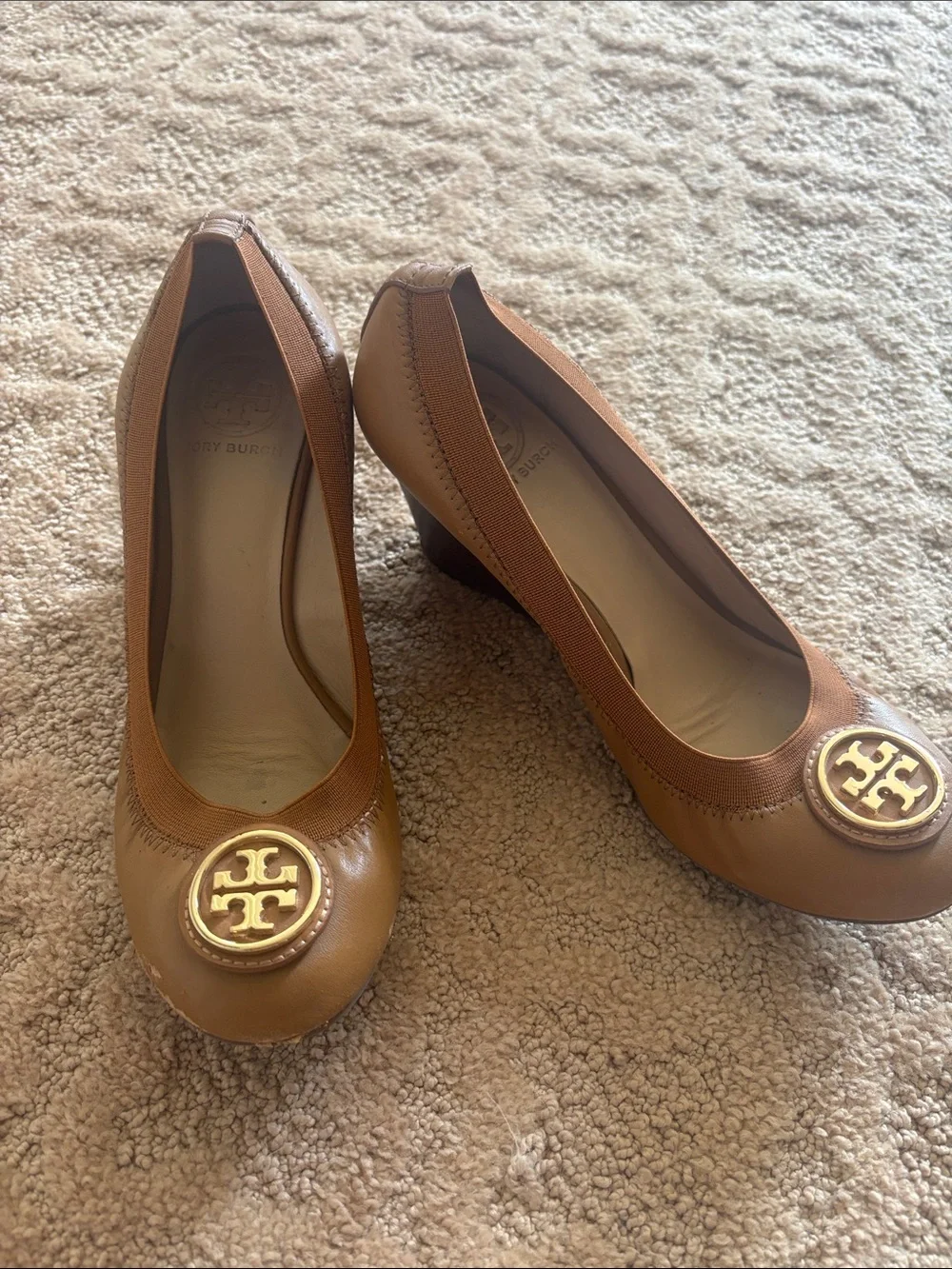 Tory Burch Tan Leather Wedges with Gold Logo Medallion